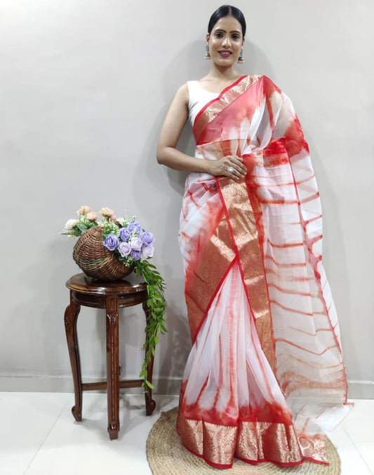 Red Organza Printed Saree