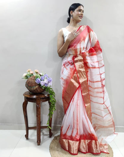 Red Organza Printed Saree