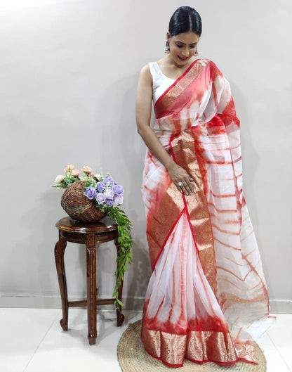 Red Organza Printed Saree