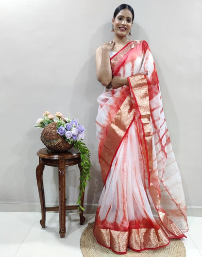 Red Organza Printed Saree