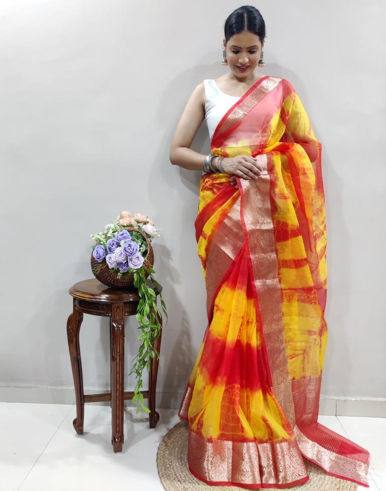 Red Organza Printed Saree
