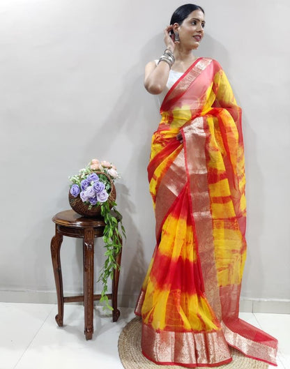 Red Organza Printed Saree