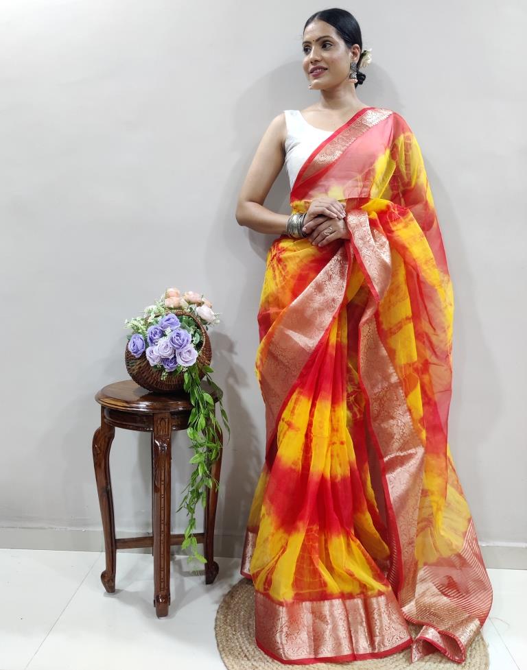 Red Organza Printed Saree