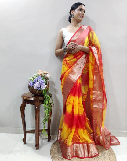 Red Organza Printed Saree