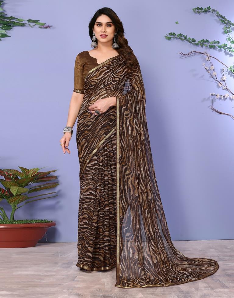 Brown Chiffon Animal Printed Saree