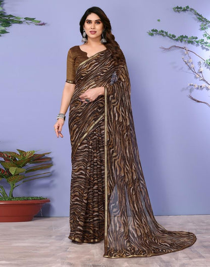 Brown Chiffon Animal Printed Saree