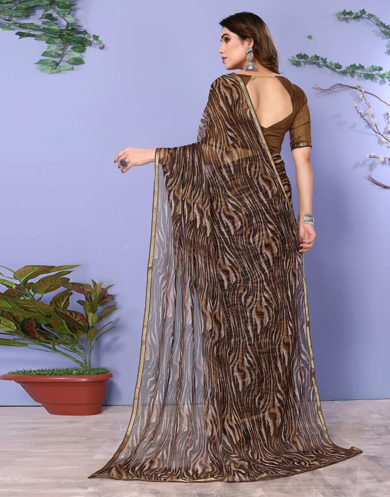 Brown Chiffon Animal Printed Saree