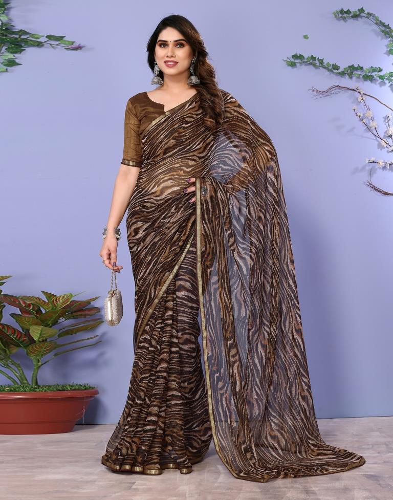 Brown Chiffon Animal Printed Saree