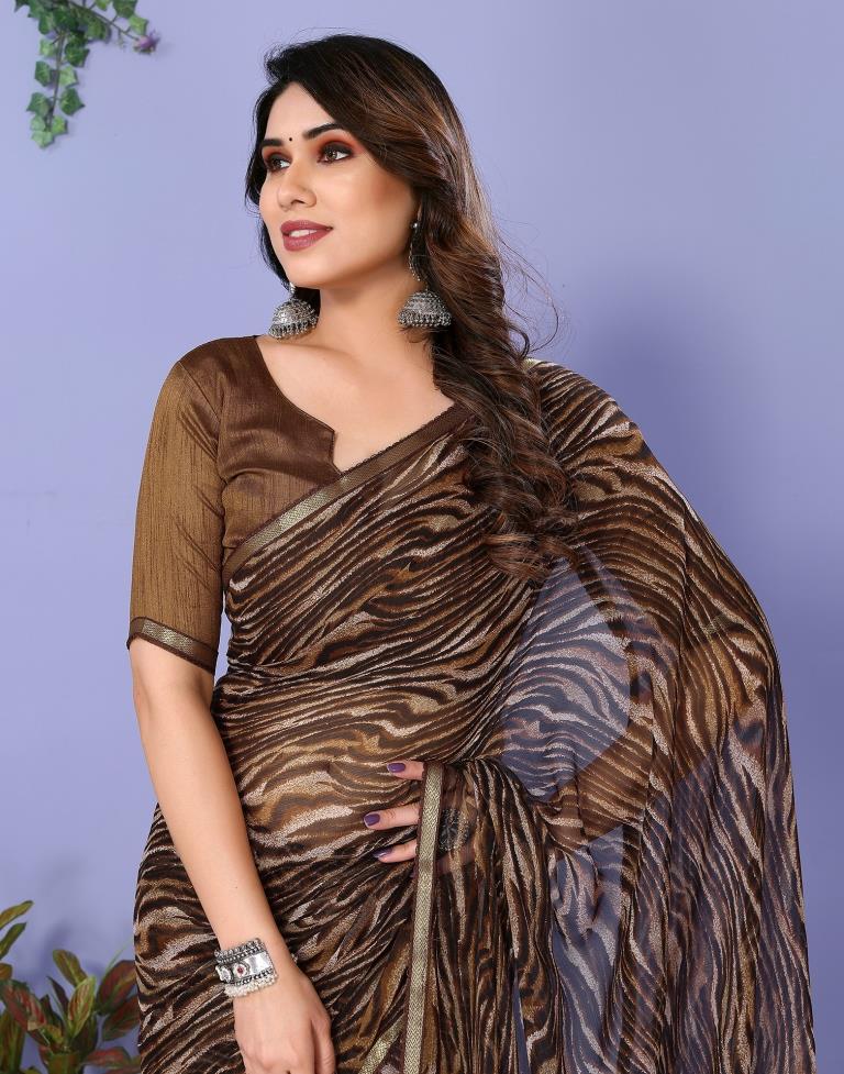 Brown Chiffon Animal Printed Saree