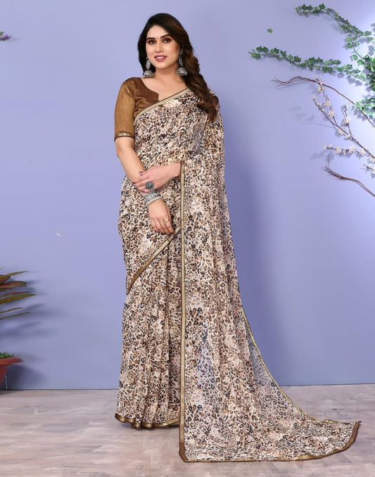 Light Brown Chiffon Animal Printed Saree