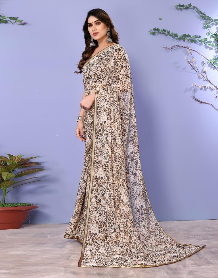 Light Brown Chiffon Animal Printed Saree