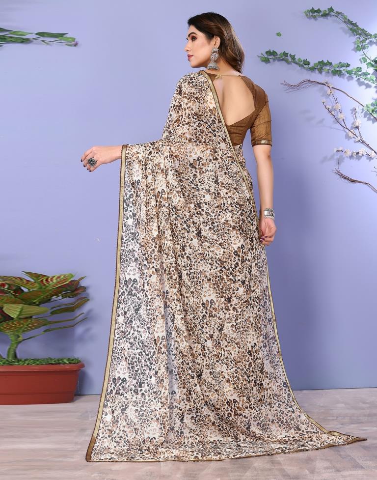Light Brown Chiffon Animal Printed Saree