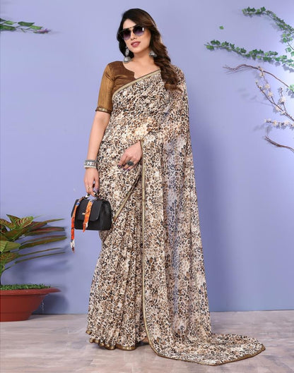 Light Brown Chiffon Animal Printed Saree