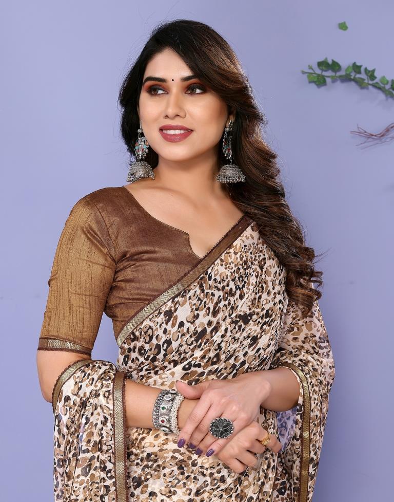 Light Brown Chiffon Animal Printed Saree