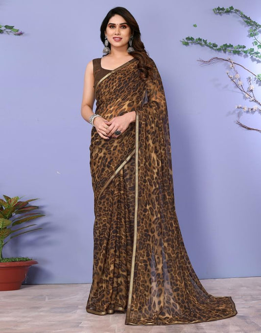 Dark Brown Chiffon Animal Printed Saree