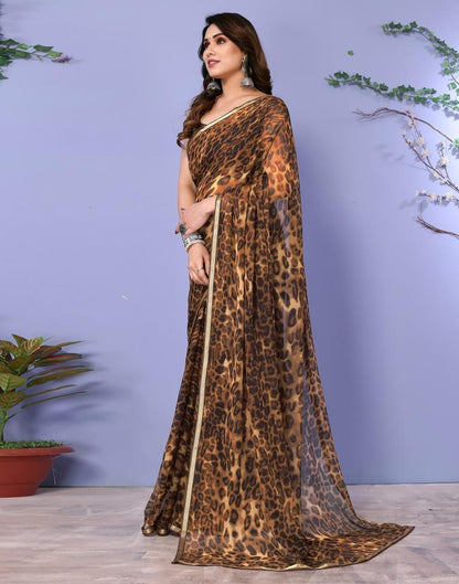 Dark Brown Chiffon Animal Printed Saree