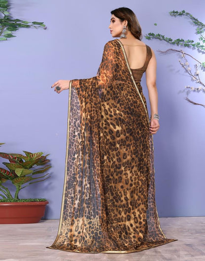 Dark Brown Chiffon Animal Printed Saree