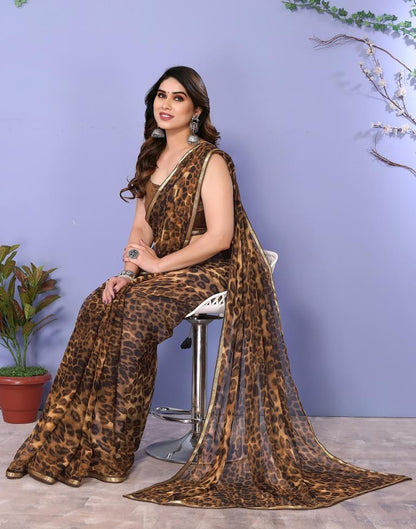Dark Brown Chiffon Animal Printed Saree