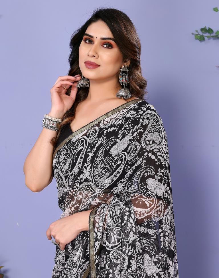 Black Chiffon Printed Saree