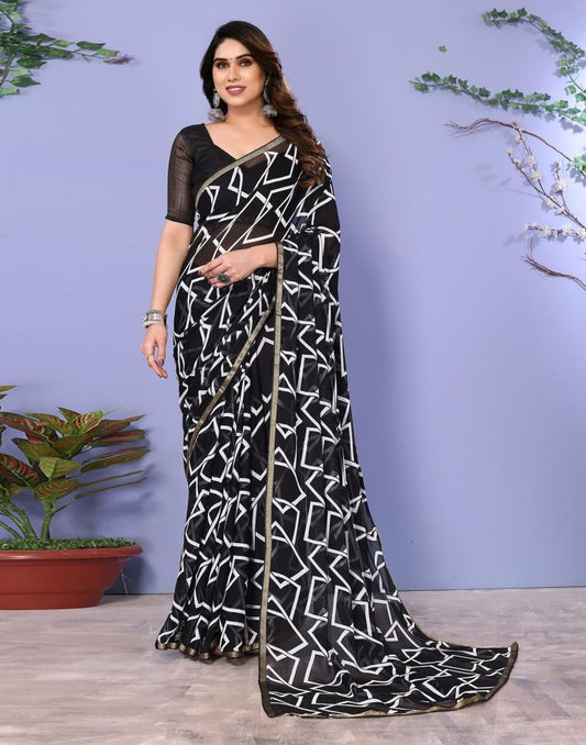 Black Chiffon Printed Saree