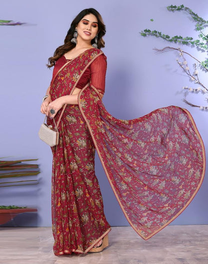 Maroon Chiffon Printed Saree