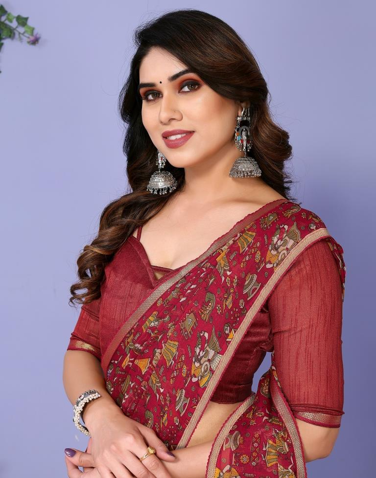 Maroon Chiffon Printed Saree