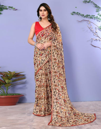 Beige Chiffon Printed Saree