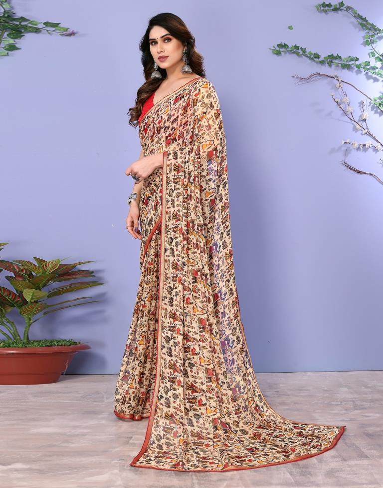 Beige Chiffon Printed Saree