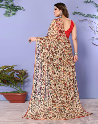 Beige Chiffon Printed Saree