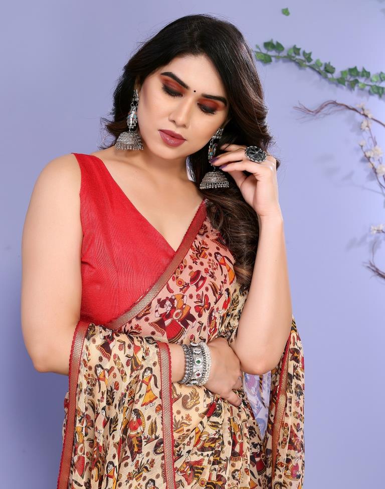 Beige Chiffon Printed Saree