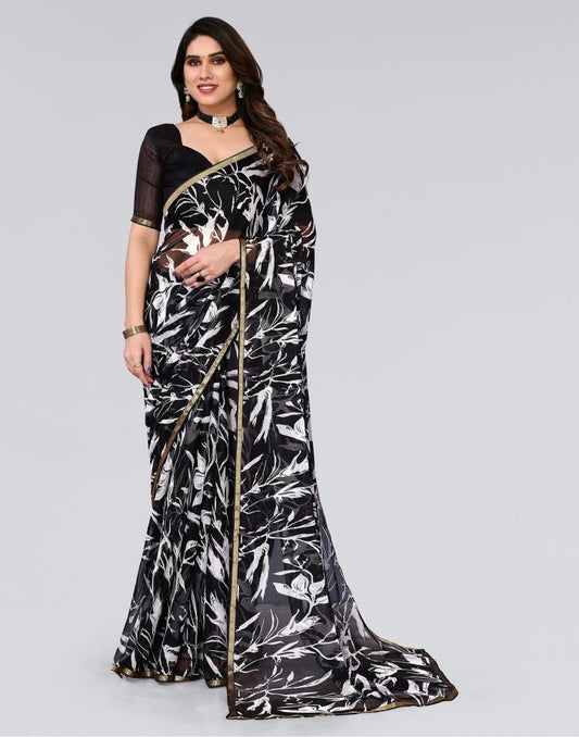 Black Printed Chiffon Saree