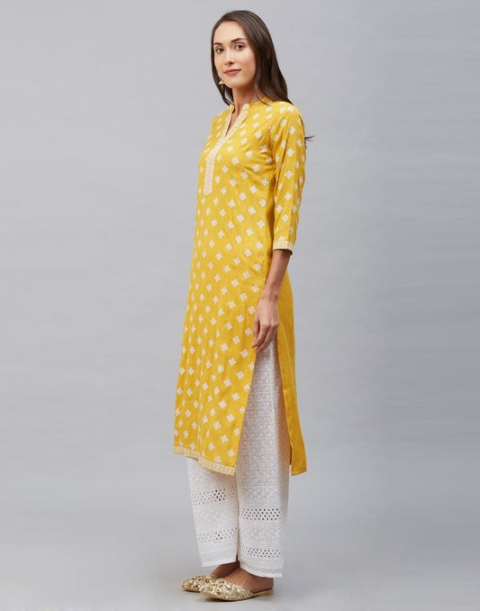 Idyiic Mustard Yellow Coloured Khadi Printed Cotton Kurti | Sudathi