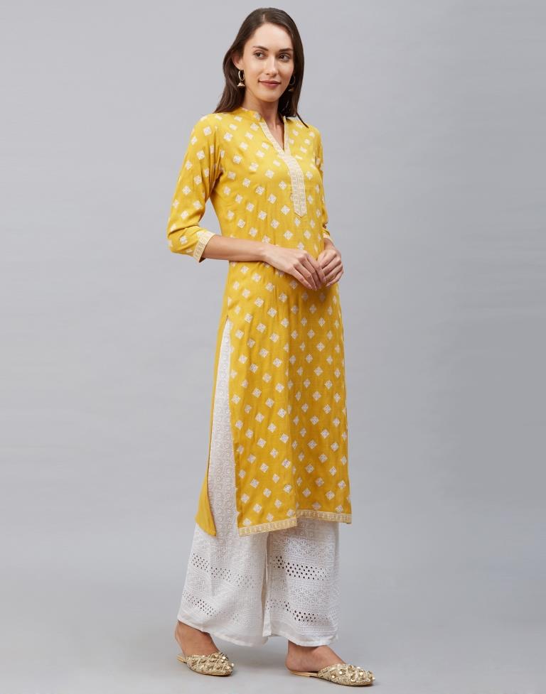 Idyiic Mustard Yellow Coloured Khadi Printed Cotton Kurti | Sudathi