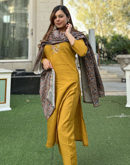 Mustard Kurti With Pant And Dupatta | Leemboodi