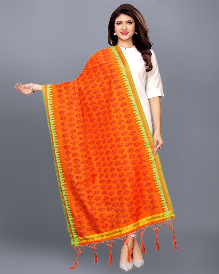 Orange Coloured Poly Silk Jacquard Printed Dupatta | Sudathi