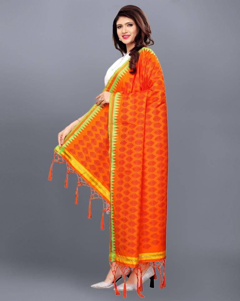 Orange Coloured Poly Silk Jacquard Printed Dupatta | Sudathi