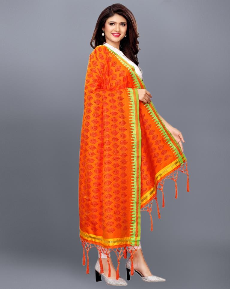 Orange Coloured Poly Silk Jacquard Printed Dupatta | Sudathi