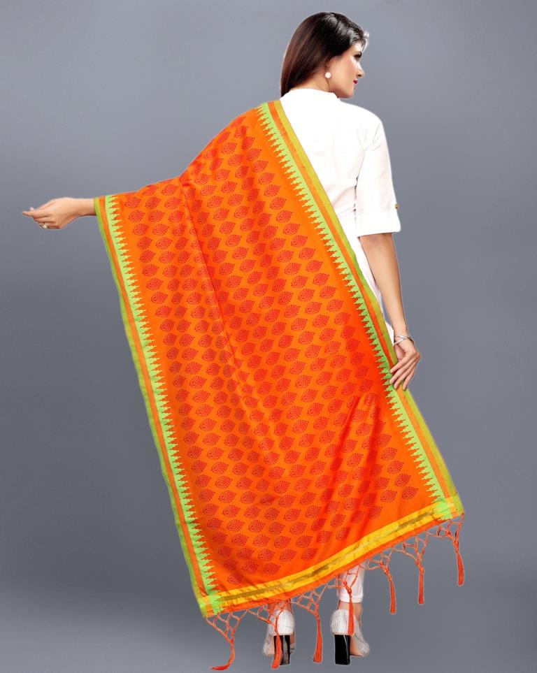 Orange Coloured Poly Silk Jacquard Printed Dupatta | Sudathi