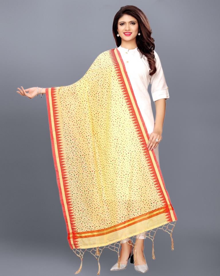 Beige Coloured Cotton Silk Jacquard Printed Dupatta | Sudathi