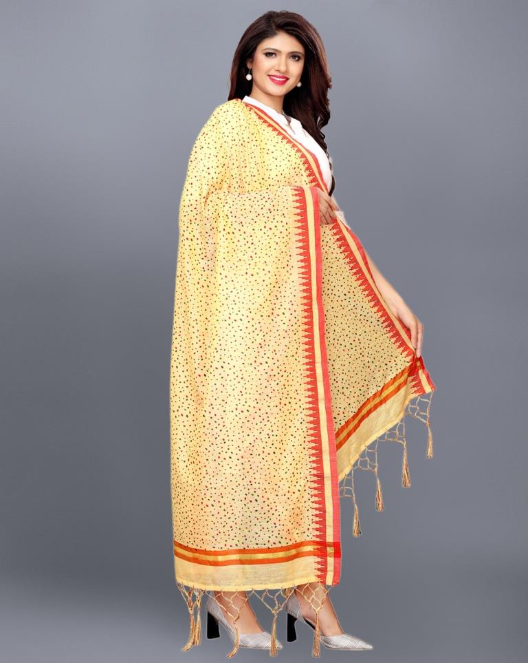 Beige Coloured Cotton Silk Jacquard Printed Dupatta | Sudathi