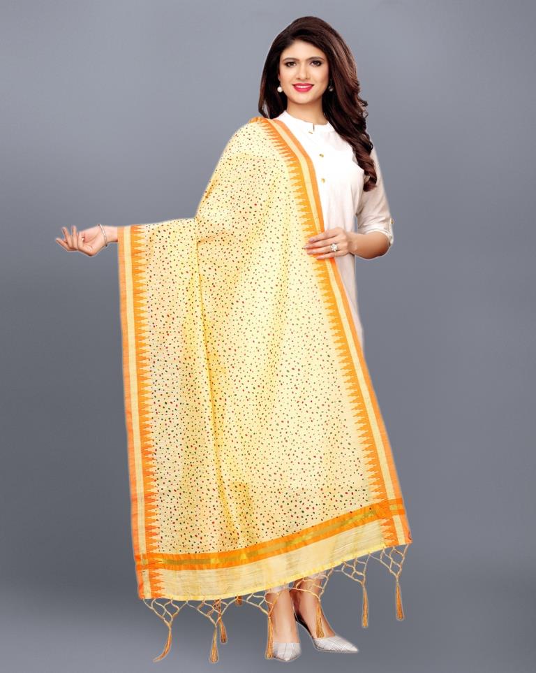 Beige Coloured Cotton Silk Jacquard Printed Dupatta | Sudathi