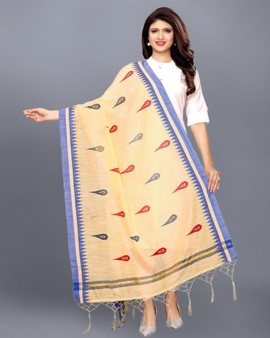 Beige Coloured Cotton Silk Jacquard Printed Dupatta | Sudathi