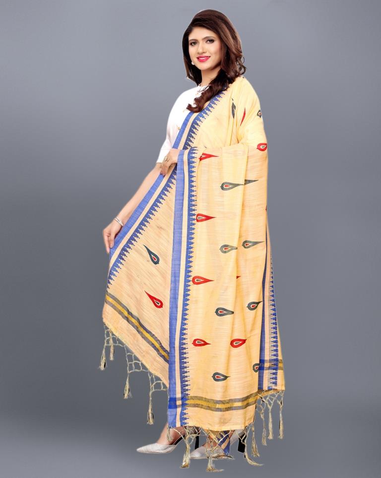 Beige Coloured Cotton Silk Jacquard Printed Dupatta | Sudathi