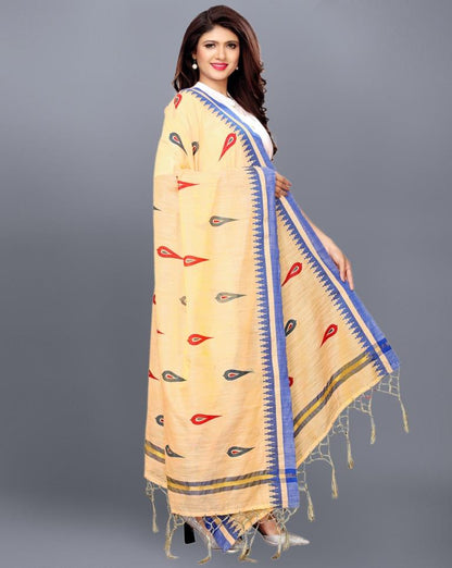 Beige Coloured Cotton Silk Jacquard Printed Dupatta | Sudathi