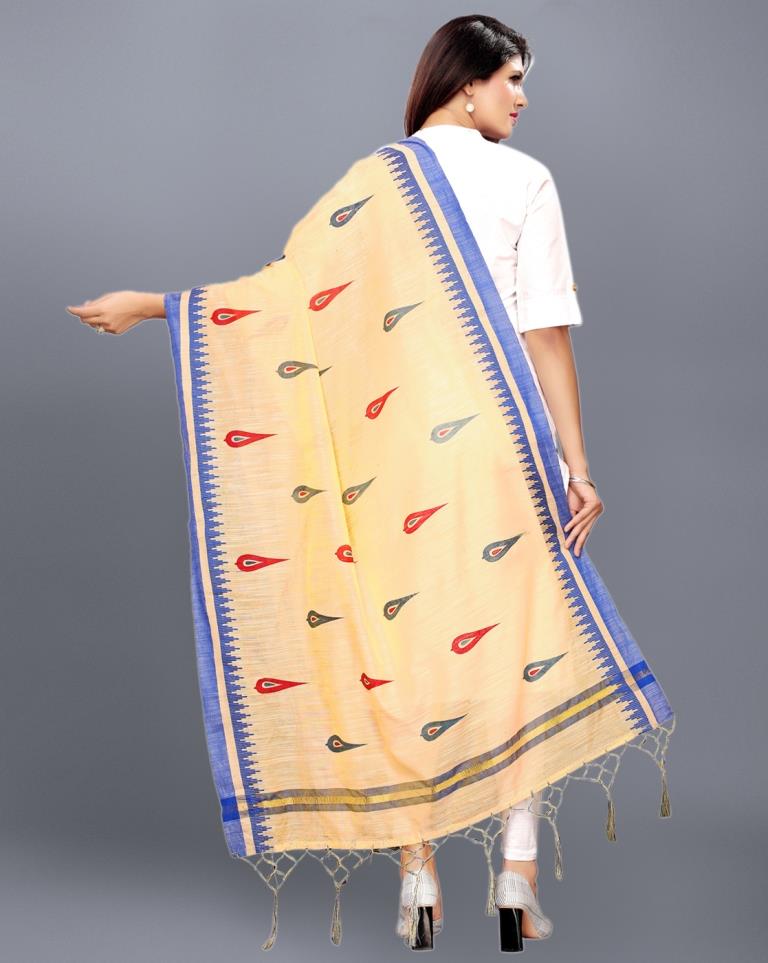 Beige Coloured Cotton Silk Jacquard Printed Dupatta | Sudathi