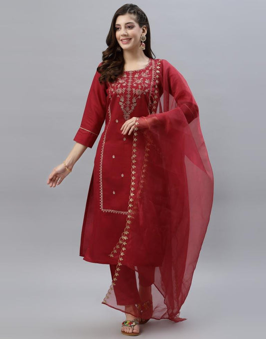 Red Kurti With Pant And Dupatta | Leemboodi