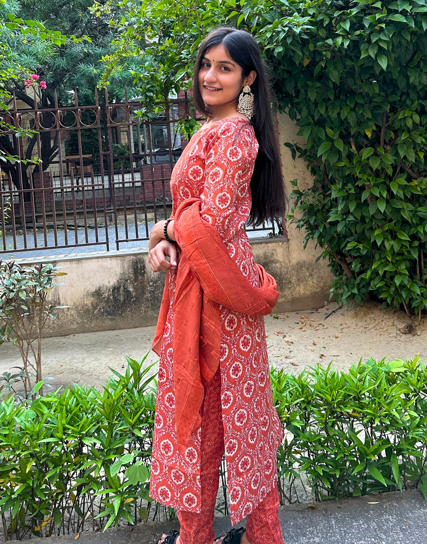 Brown Cotton Printed Straight Kurta With Pant And Dupatta