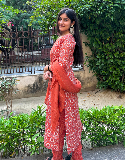 Brown Cotton Printed Straight Kurta With Pant And Dupatta