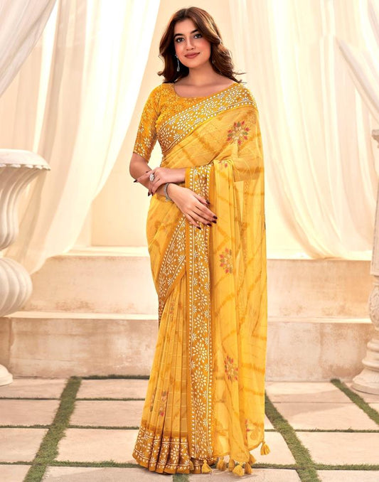 Yellow Printed Georgette Saree