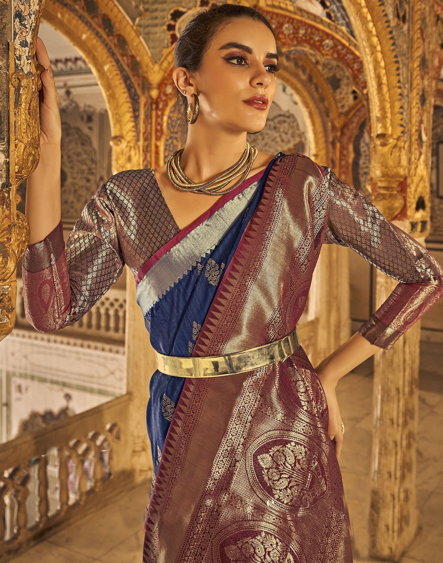 Navy Blue Weaving Silk Banarasi Saree